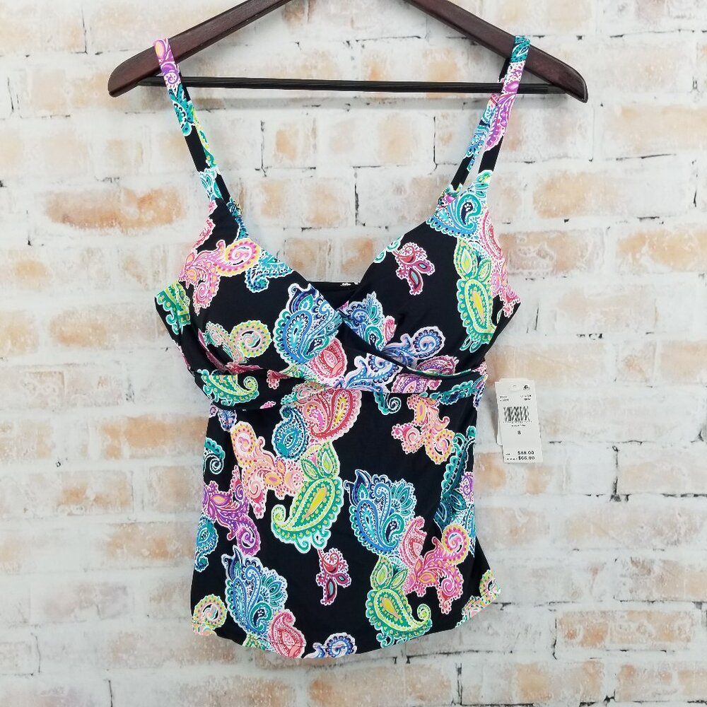 NWT Leilani Gemini Tankini Black Floral Women's 8 Full Bust Underwire Push Up